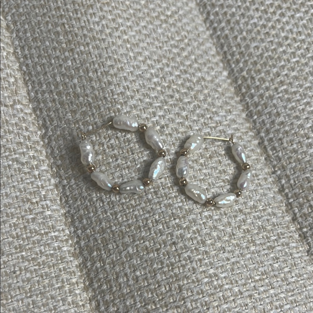 14k yellow gold and pearl hoops